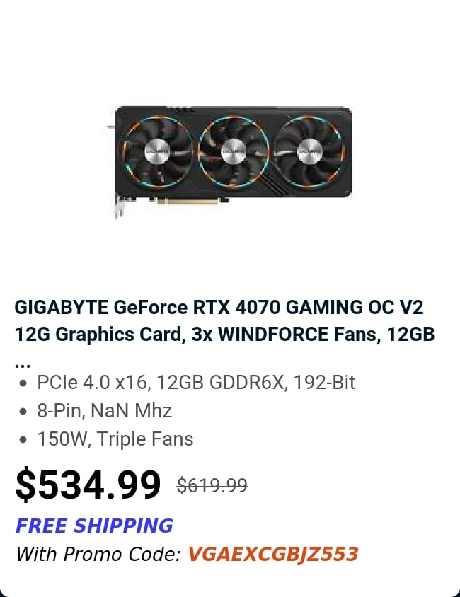 GIGABYTE GeForce RTX 4070 GAMING OC V2 12G Graphics Card, 3x WINDFORCE Fans, 12GB ...