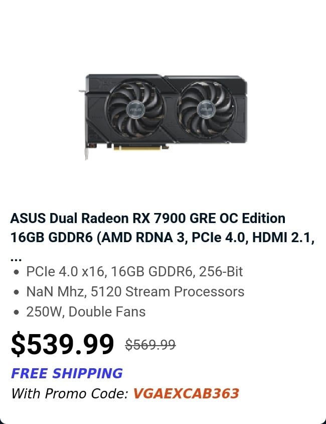 ASUS Dual Radeon RX 7900 GRE OC Edition 16GB GDDR6 (AMD RDNA 3, PCIe 4.0, HDMI 2.1, ...