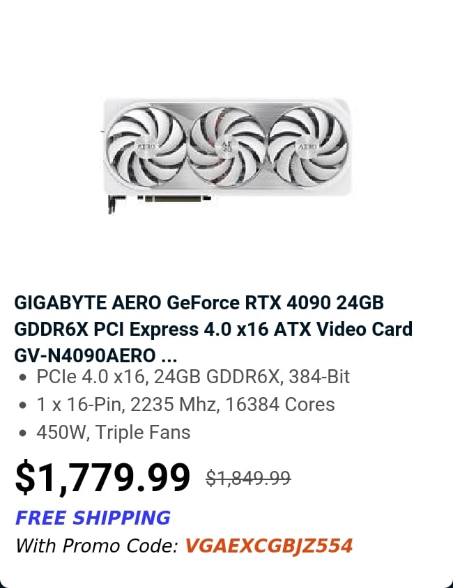 GIGABYTE AERO GeForce RTX 4090 24GB GDDR6X PCI Express 4.0 x16 ATX Video Card GV-N4090AERO ...