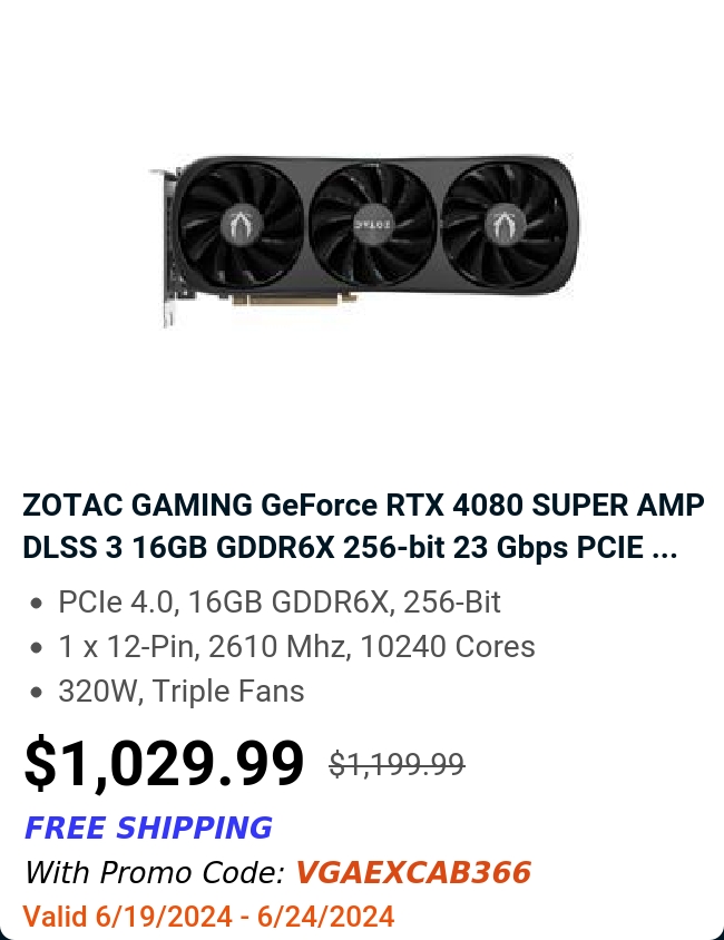 ZOTAC GAMING GeForce RTX 4080 SUPER AMP DLSS 3 16GB GDDR6X 256-bit 23 Gbps PCIE ...