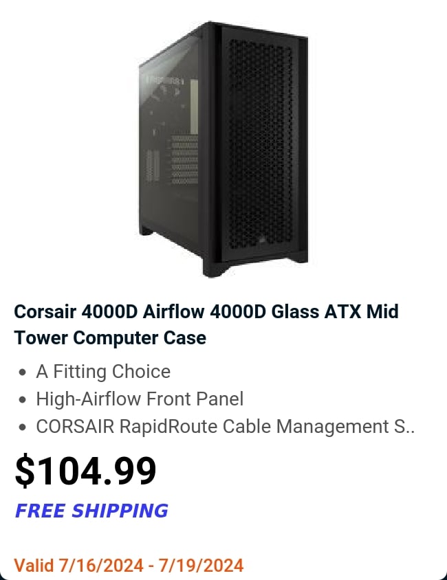 Corsair 4000D Airflow 4000D Glass ATX Mid Tower Computer Case 