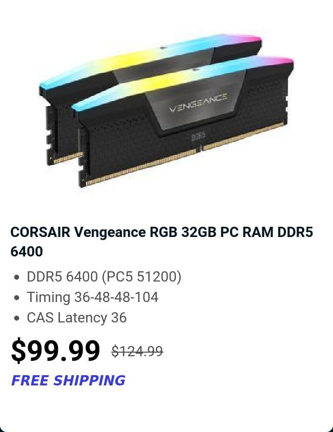 CORSAIR Vengeance RGB 32GB PC RAM DDR5 6400 