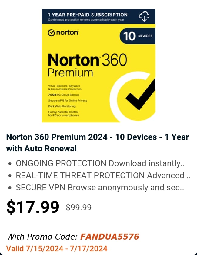 Norton 360 Premium 2024 - 10 Devices - 1 Year with Auto Renewal 