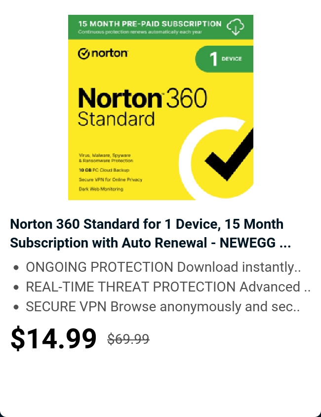 Norton 360 Standard for 1 Device, 15 Month Subscription with Auto Renewal - NEWEGG ...