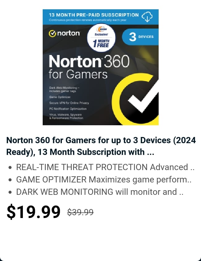 Norton 360 for Gamers for up to 3 Devices (2024 Ready), 13 Month Subscription with ...