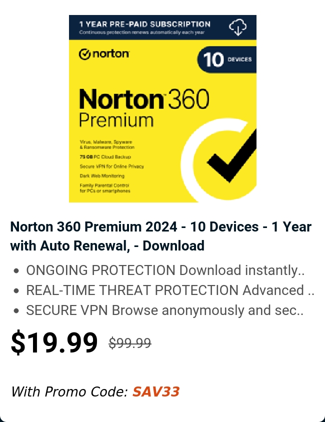 Norton 360 Premium 2024 - 10 Devices - 1 Year with Auto Renewal, - Download 