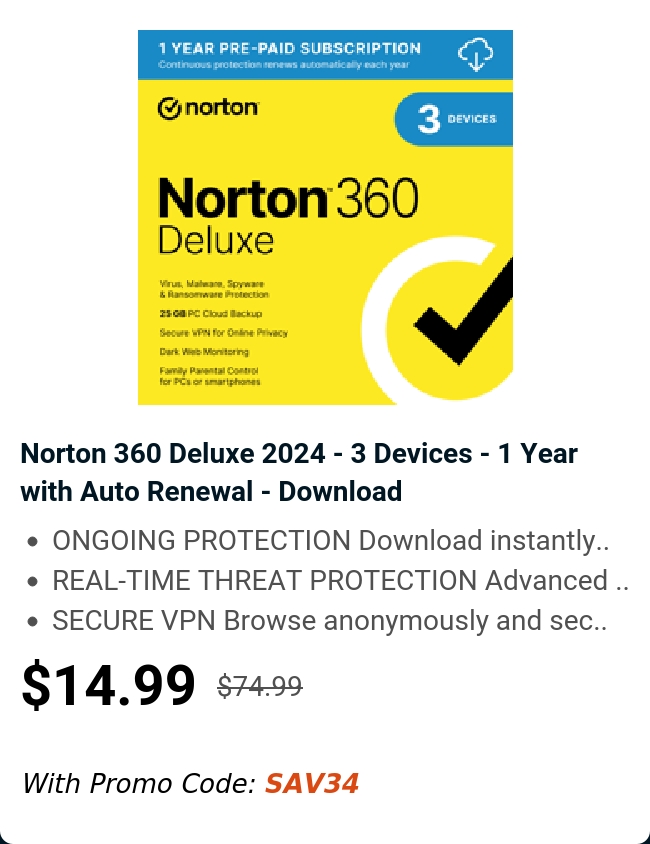 Norton 360 Deluxe 2024 - 3 Devices - 1 Year with Auto Renewal - Download 