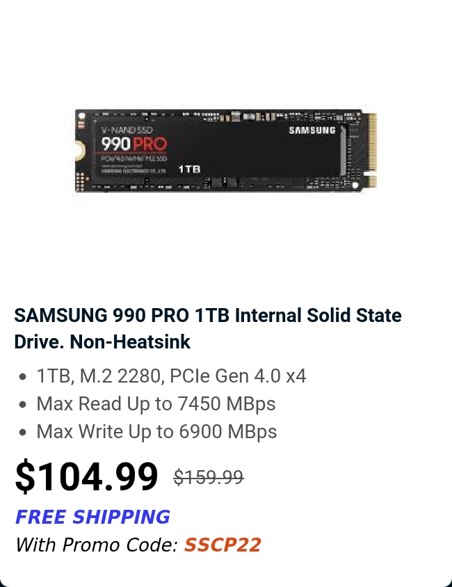 SAMSUNG 990 PRO 1TB Internal Solid State Drive. Non-Heatsink 