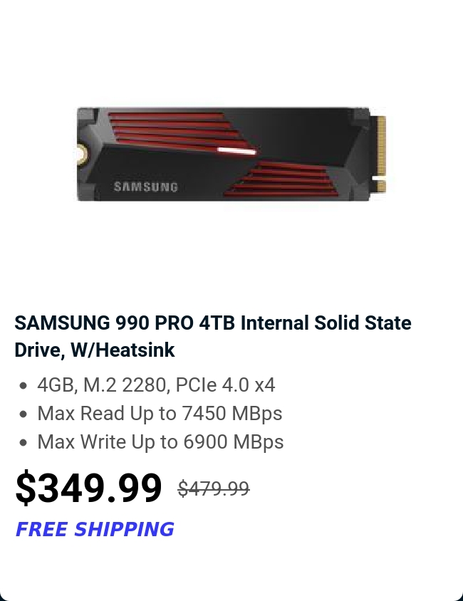 SAMSUNG 990 PRO 4TB Internal Solid State Drive, W/Heatsink 