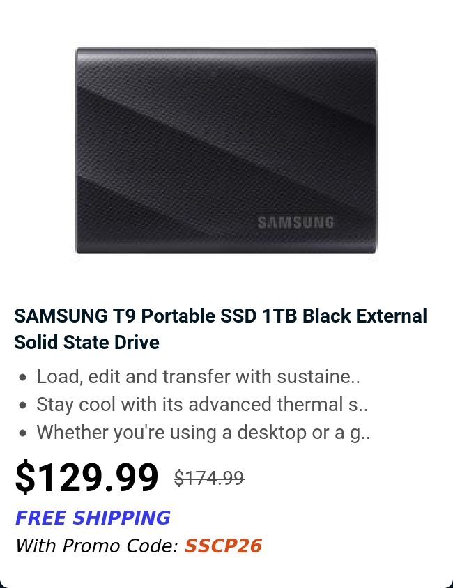 SAMSUNG T9 Portable SSD 1TB Black External Solid State Drive 