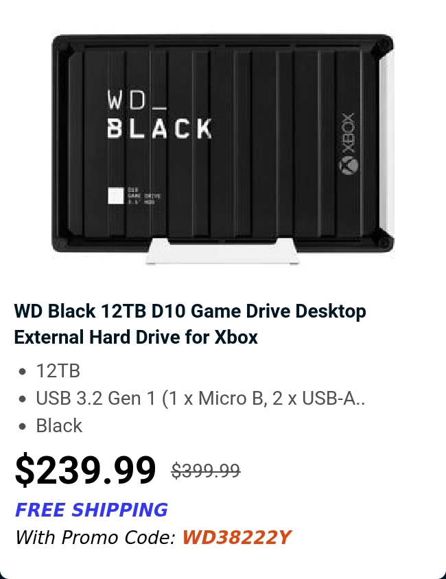 WD Black 12TB D10 Game Drive Desktop External Hard Drive for Xbox 