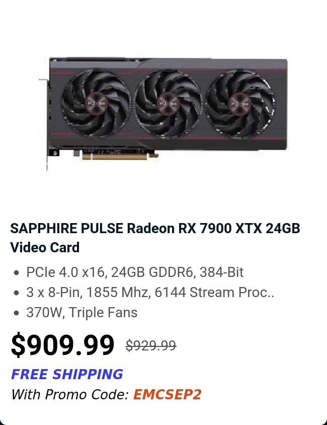 SAPPHIRE PULSE Radeon RX 7900 XTX 24GB Video Card 