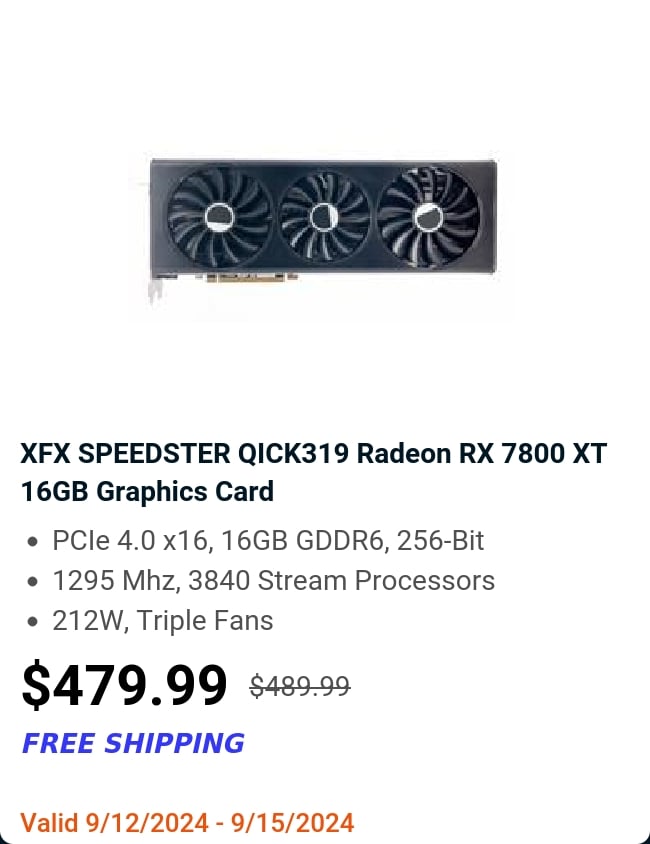 XFX SPEEDSTER QICK319 Radeon RX 7800 XT 16GB Graphics Card 