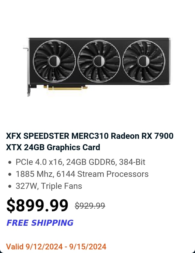 XFX SPEEDSTER MERC310 Radeon RX 7900 XTX 24GB Graphics Card 