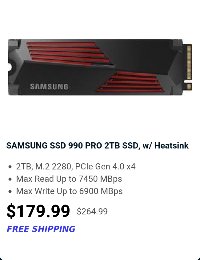 SAMSUNG SSD 990 PRO 2TB SSD, w/ Heatsink 