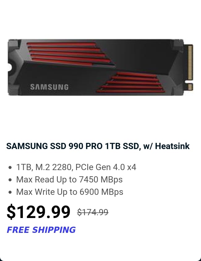 SAMSUNG SSD 990 PRO 1TB SSD, w/ Heatsink 