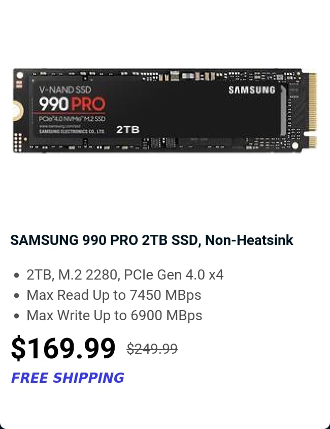 SAMSUNG 990 PRO 2TB SSD, Non-Heatsink 