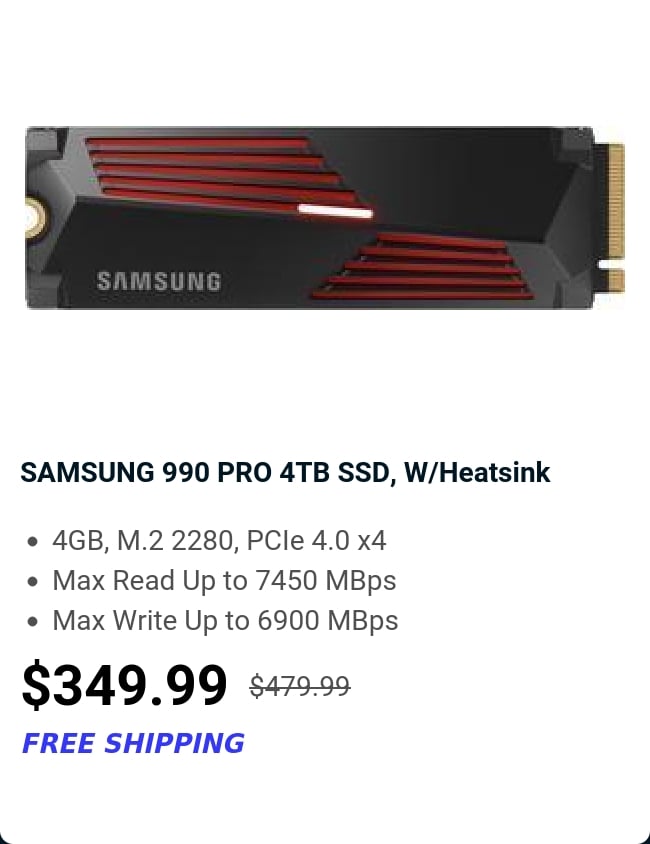 SAMSUNG 990 PRO 4TB SSD, W/Heatsink 