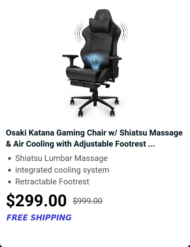 Osaki Katana Gaming Chair w/ Shiatsu Massage & Air Cooling with Adjustable Footrest ...