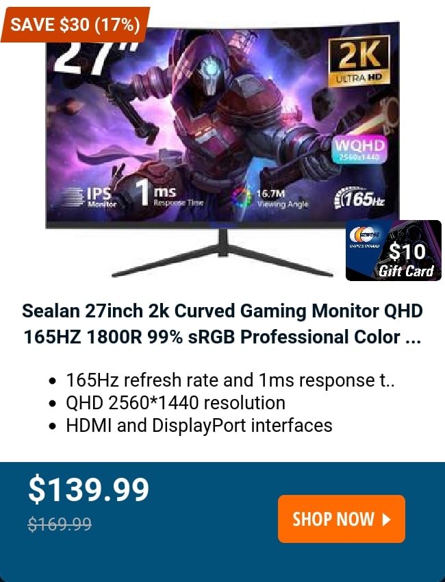 Sealan 27inch 2k Curved Gaming Monitor QHD 165HZ 1800R 99% sRGB Professional Color ...