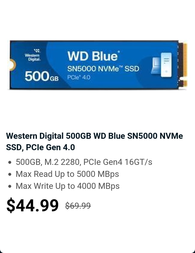 Western Digital 500GB WD Blue SN5000 NVMe SSD, PCIe Gen 4.0 