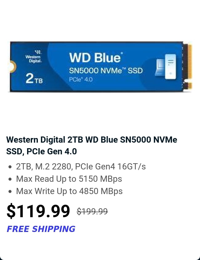 Western Digital 2TB WD Blue SN5000 NVMe SSD, PCIe Gen 4.0 