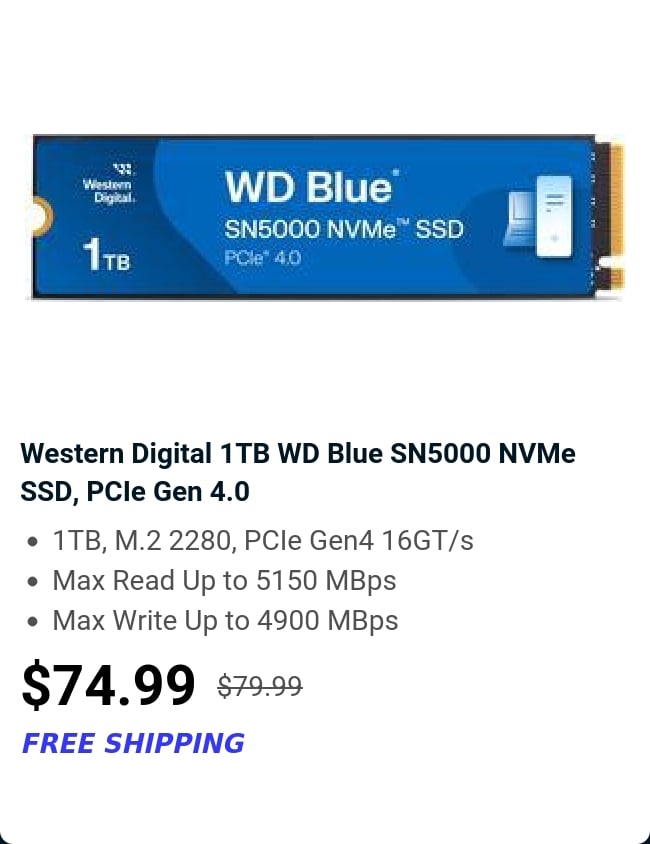 Western Digital 1TB WD Blue SN5000 NVMe SSD, PCIe Gen 4.0 