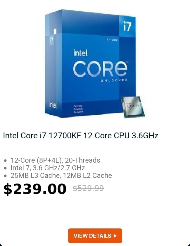 Intel Core i7-12700KF 12-Core CPU 3.6GHz 