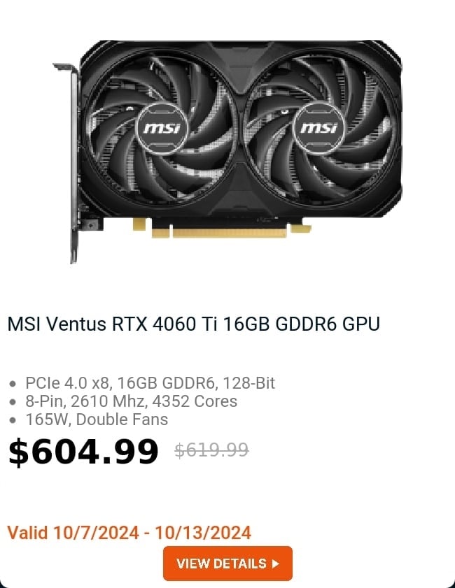 MSI Ventus RTX 4060 Ti 16GB GDDR6 GPU 