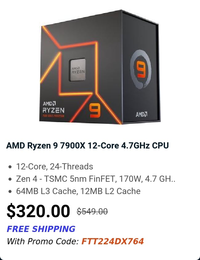 AMD Ryzen 9 7900X 12-Core 4.7GHz CPU 