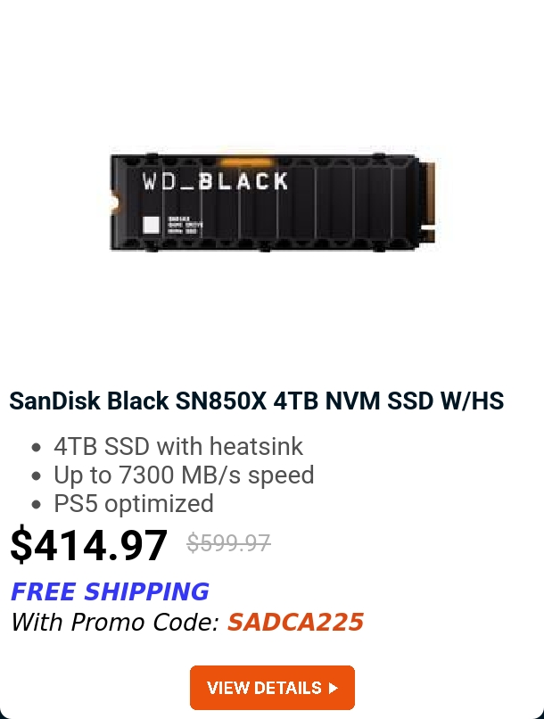 SanDisk Black SN850X 4TB NVM SSD W/HS 