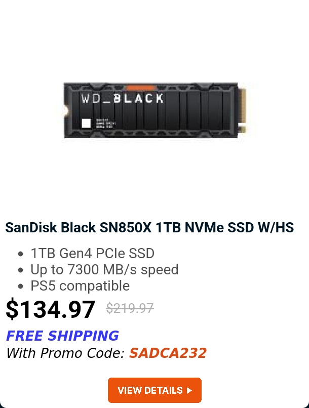 SanDisk Black SN850X 1TB NVMe SSD W/HS 