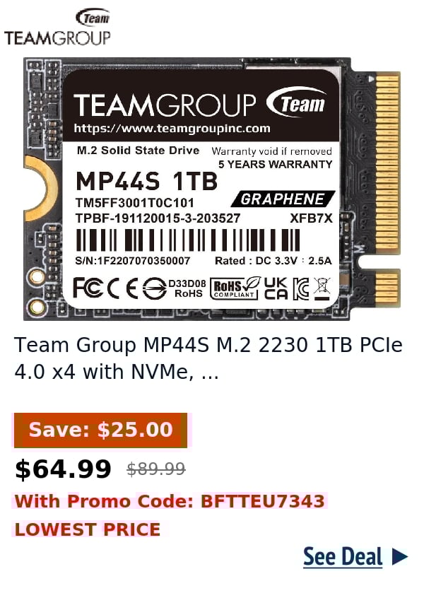 Team Group MP44S M.2 2230 1TB PCIe 4.0 x4 with NVMe, ...