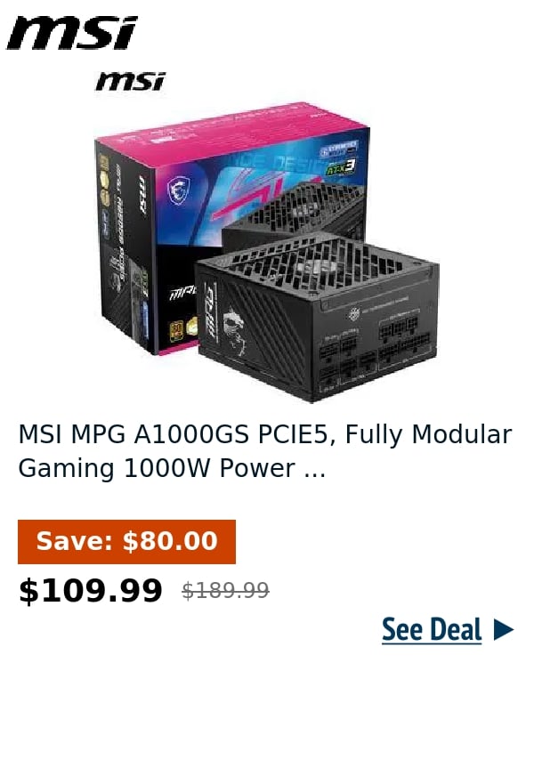 MSI MPG A1000GS PCIE5, Fully Modular Gaming 1000W Power ...