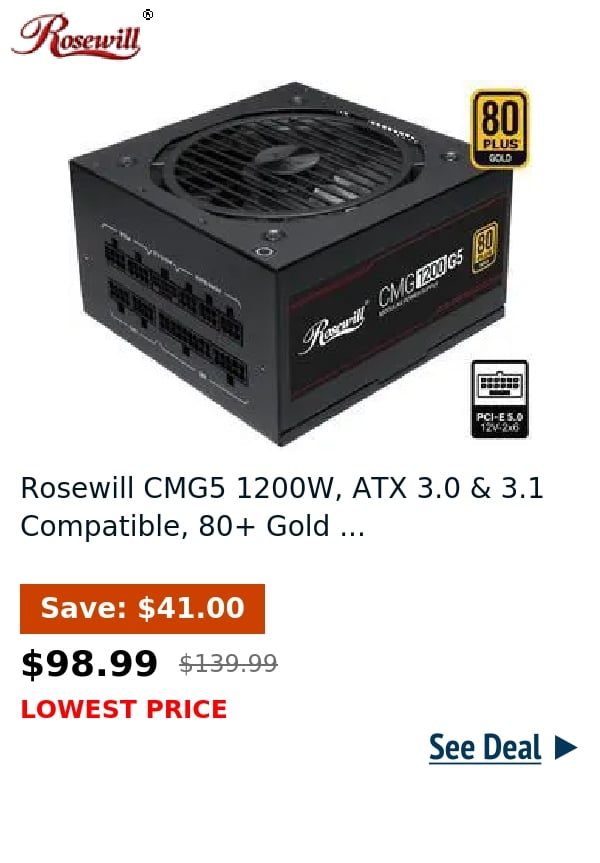 Rosewill CMG5 1200W, ATX 3.0 & 3.1 Compatible, 80+ Gold ...