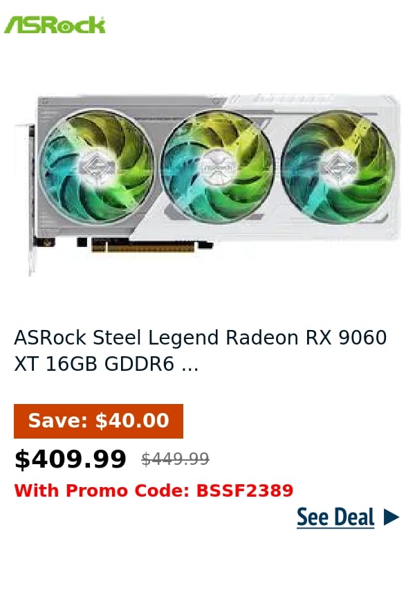 ASRock Steel Legend Radeon RX 9060 XT 16GB GDDR6 ...