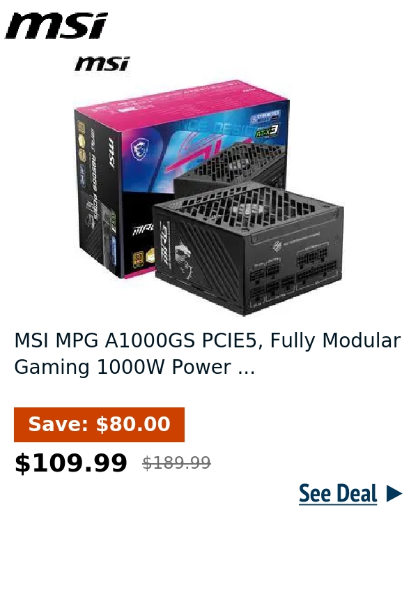 MSI MPG A1000GS PCIE5, Fully Modular Gaming 1000W Power ...