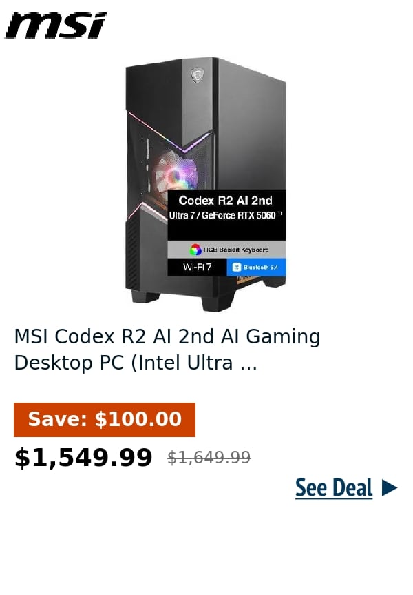 MSI Codex R2 AI 2nd AI Gaming Desktop PC (Intel Ultra ...