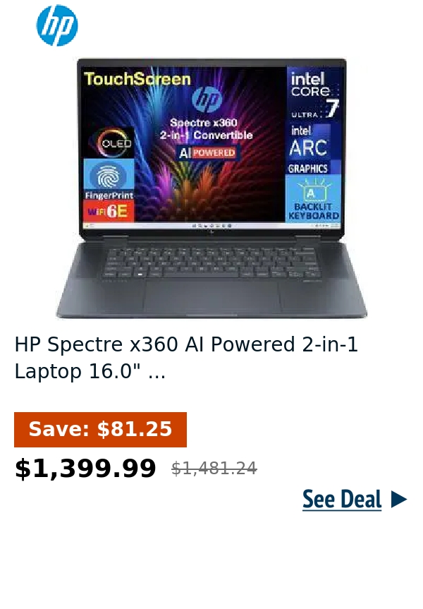 HP Spectre x360 AI Powered 2-in-1 Laptop 16.0