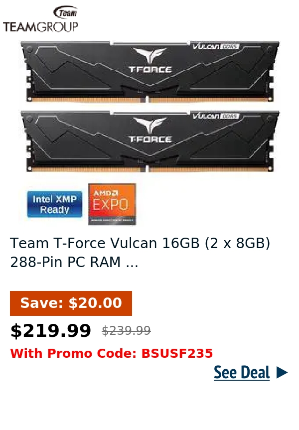 Team T-Force Vulcan 16GB (2 x 8GB) 288-Pin PC RAM ...
