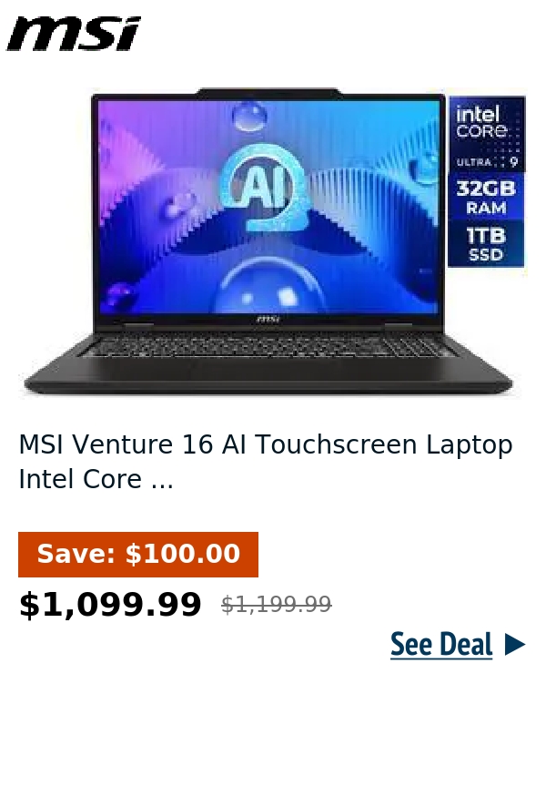 MSI Venture 16 AI Touchscreen Laptop Intel Core ...