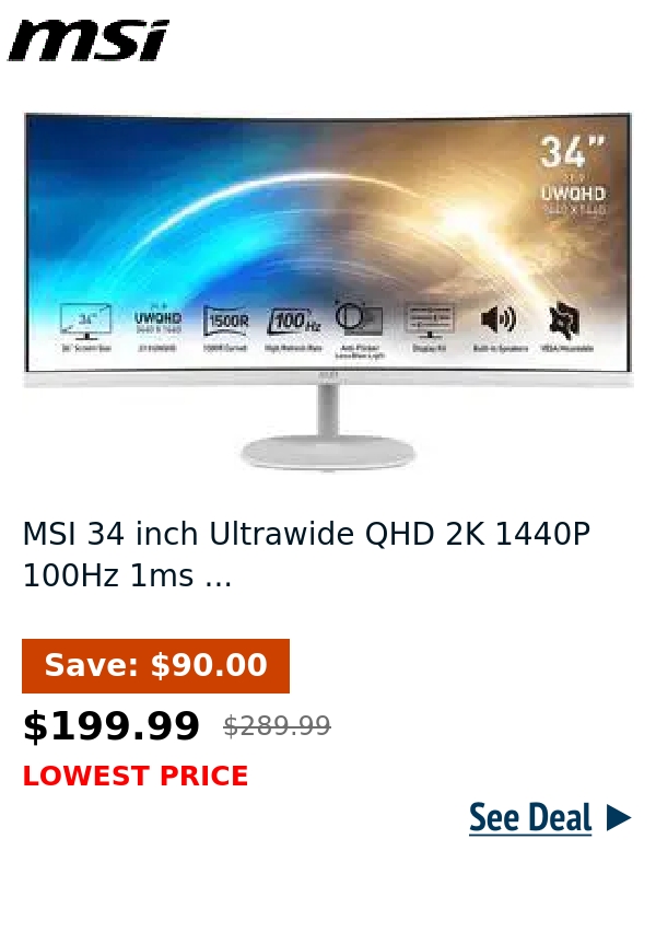 MSI 34 inch Ultrawide QHD 2K 1440P 100Hz 1ms ...