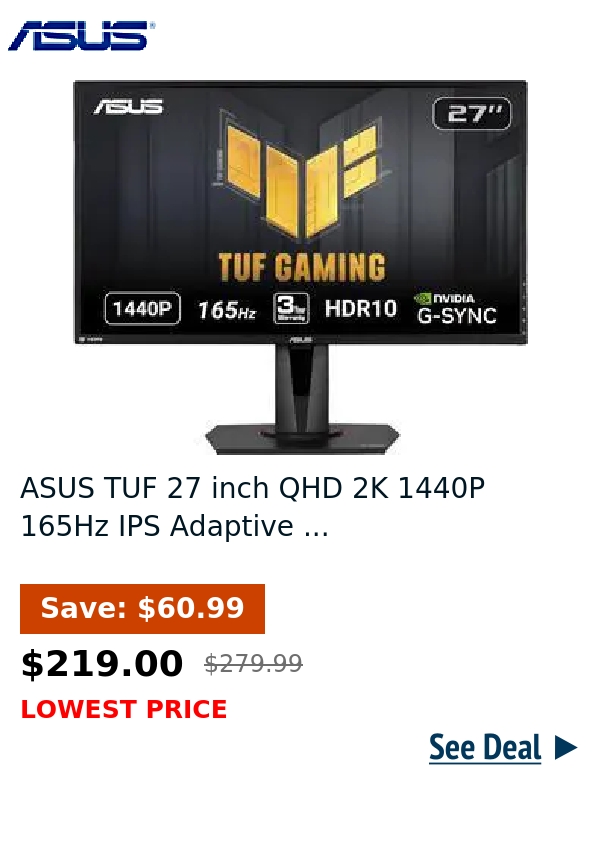 ASUS TUF 27 inch QHD 2K 1440P 165Hz IPS Adaptive ...