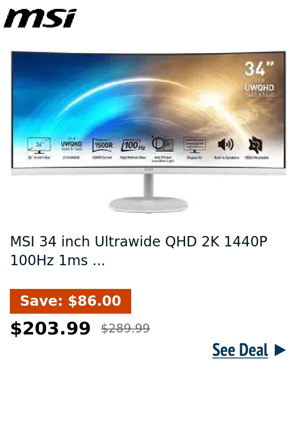 MSI 34 inch Ultrawide QHD 2K 1440P 100Hz 1ms ...
