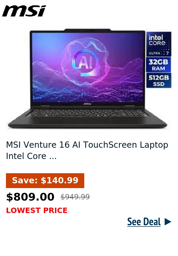 MSI Venture 16 AI TouchScreen Laptop Intel Core ...