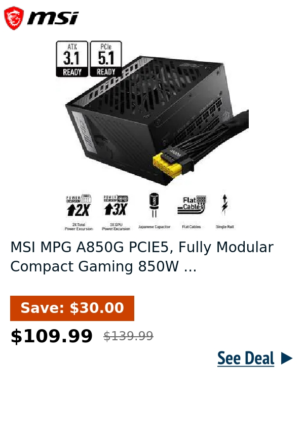 MSI MPG A850G PCIE5, Fully Modular Compact Gaming 850W ...