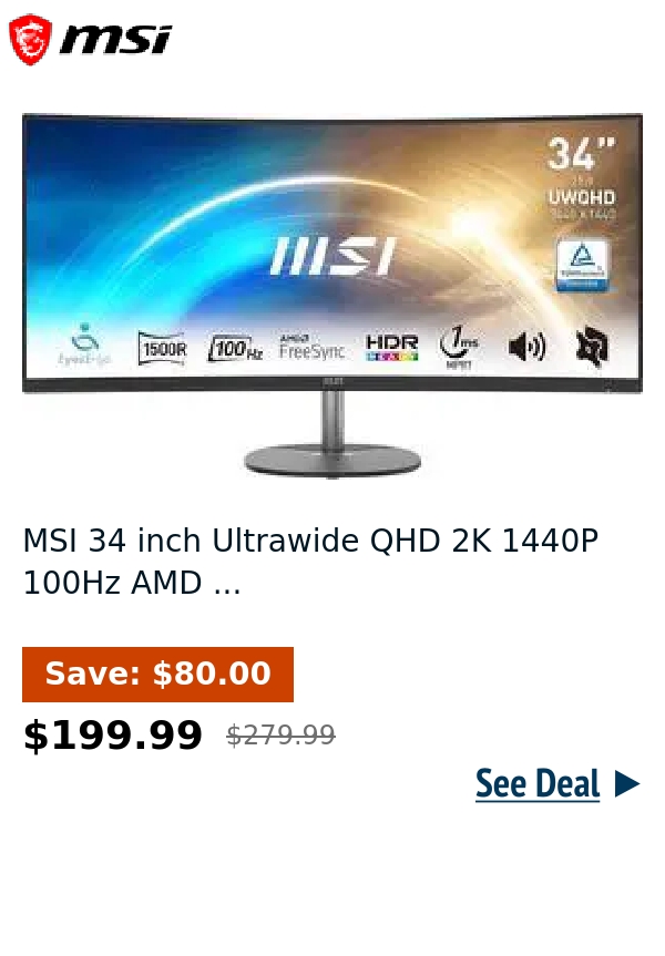MSI 34 inch Ultrawide QHD 2K 1440P 100Hz AMD ...