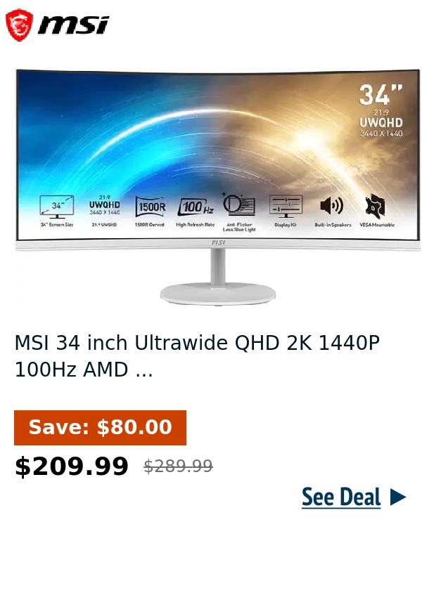 MSI 34 inch Ultrawide QHD 2K 1440P 100Hz AMD ...