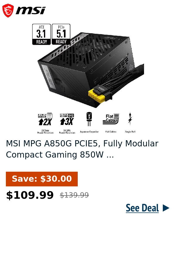 MSI MPG A850G PCIE5, Fully Modular Compact Gaming 850W ...