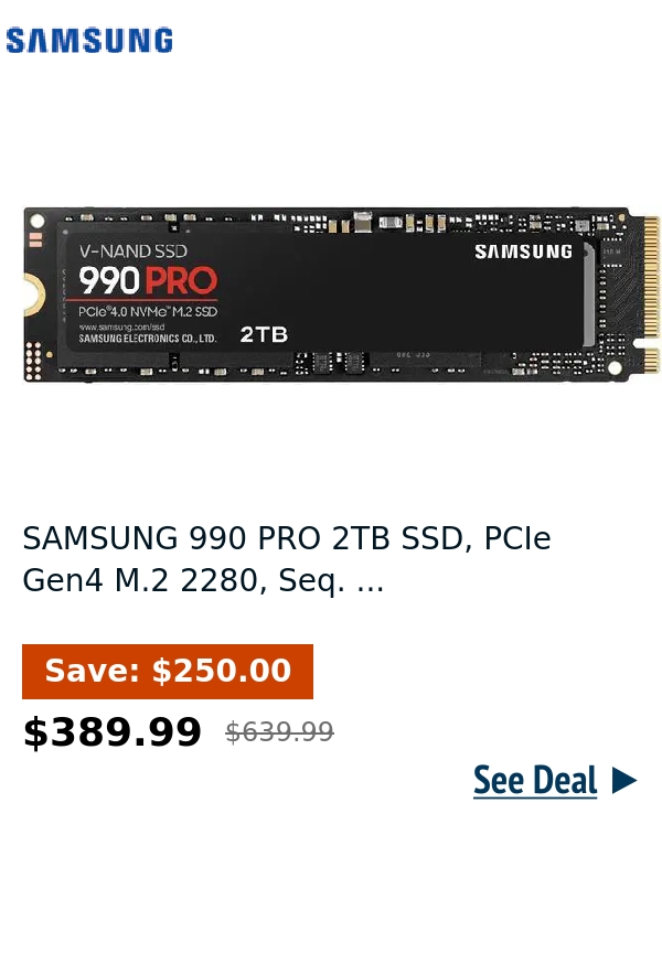 SAMSUNG 990 PRO 2TB SSD, PCIe Gen4 M.2 2280, Seq. ...